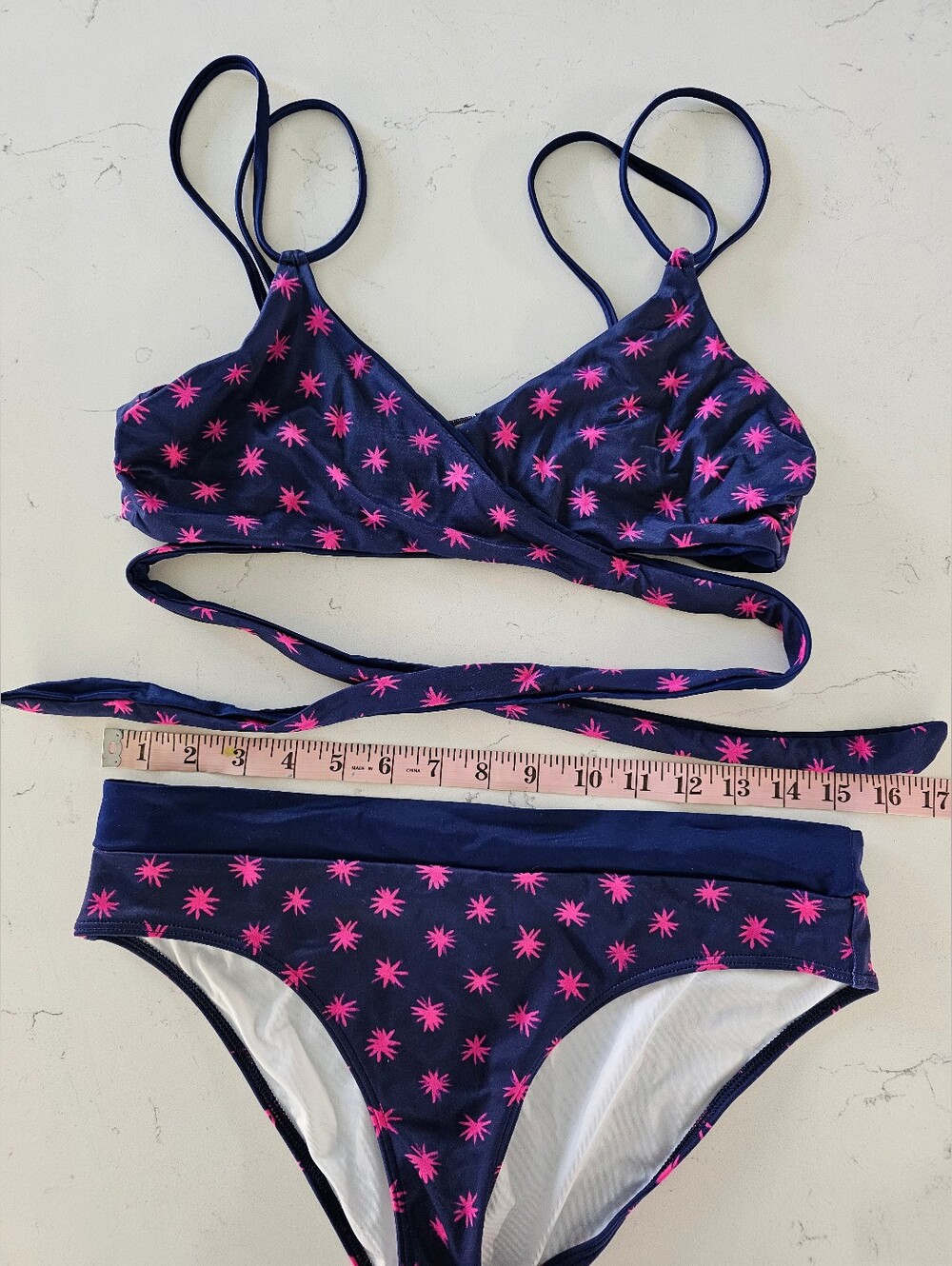Lands End Reversible Women's Navy Swim WrapBikini Set with Pink Starburst Print - Picture 6 of 9